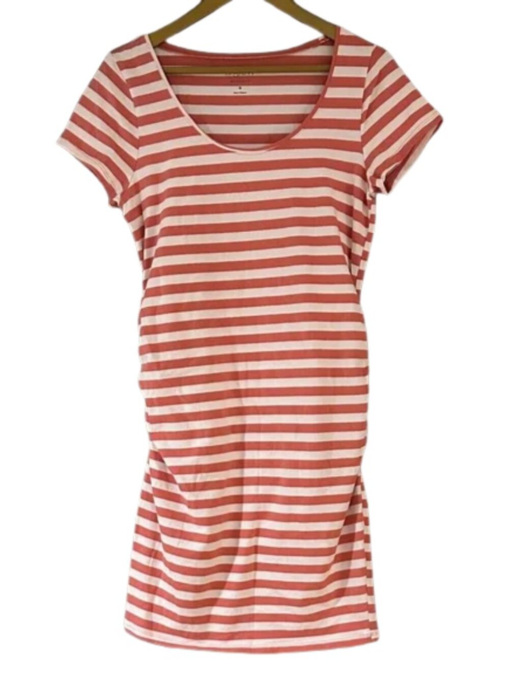 a:glow Maternity Striped Midi Dress Coral White Ruched Short Sleeve Pregnancy M